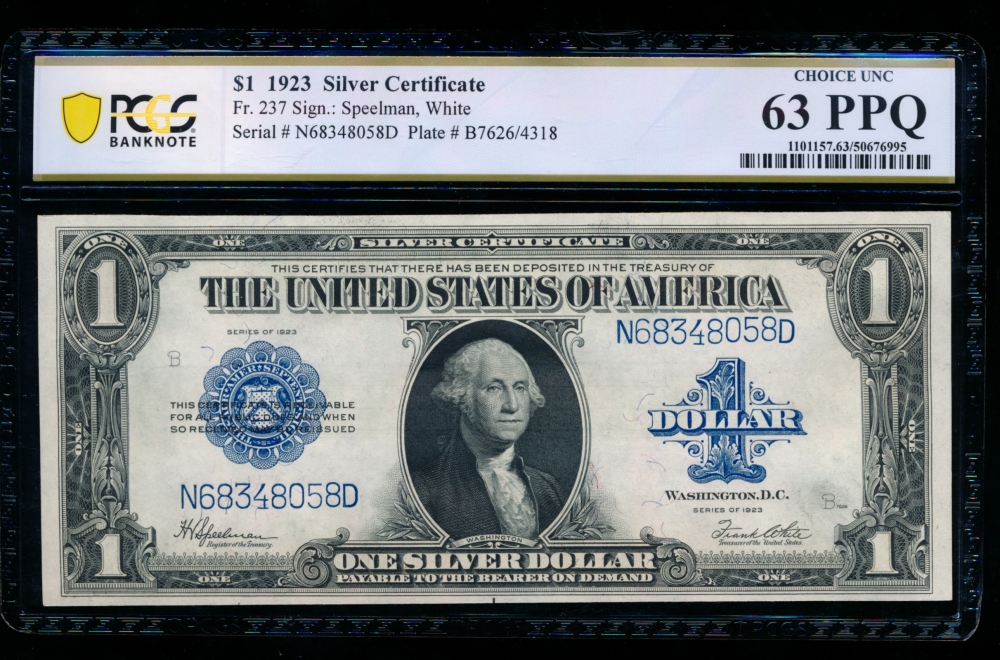 Fr. 237 1923 $1  Silver Certificate ND block PCGS 63PPQ N68348058D