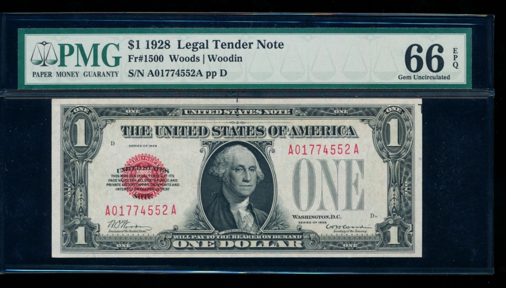 Fr. 1500 1928 $1  Legal Tender  PMG 66EPQ A01774552A