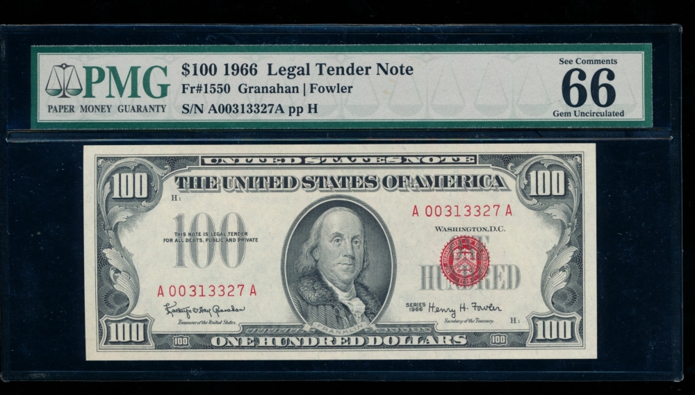 Fr. 1550 1966 $100  Legal Tender AA block PMG 66EPQ A00313327A