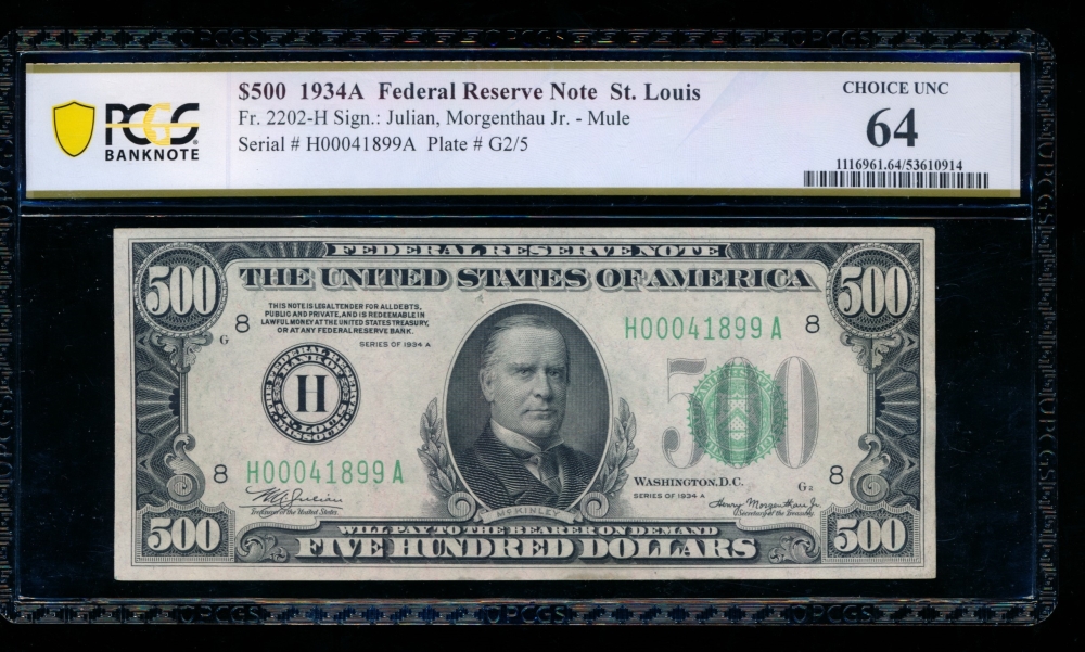 Fr. 2202-H 1934A $500  Federal Reserve Note Saint Louis PCGS 64 comment H00041899A