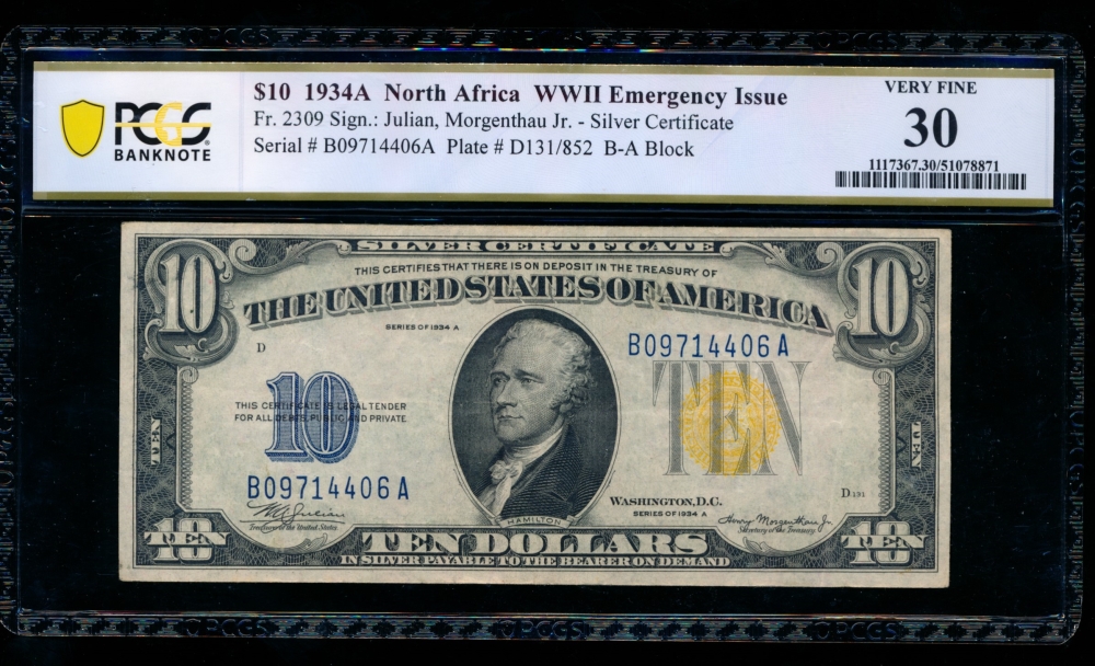 Fr. 2309 1934A $10  North Africa AA block PCGS 30 B09714406A