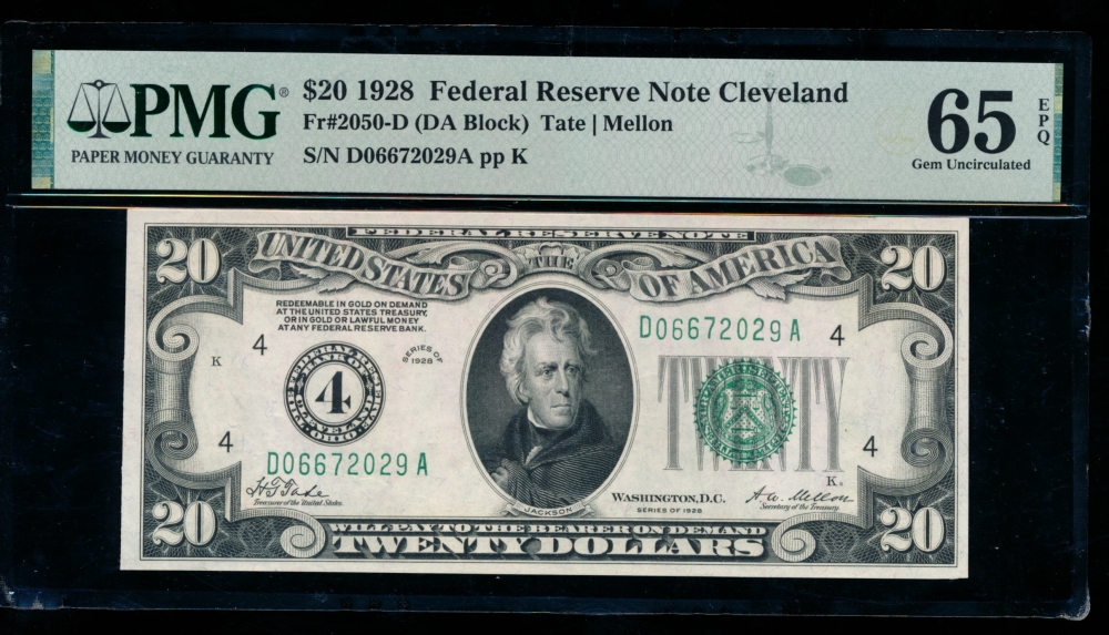 Fr. 2050-D 1928 $20  Federal Reserve Note Cleveland PMG 65EPQ D06672029A