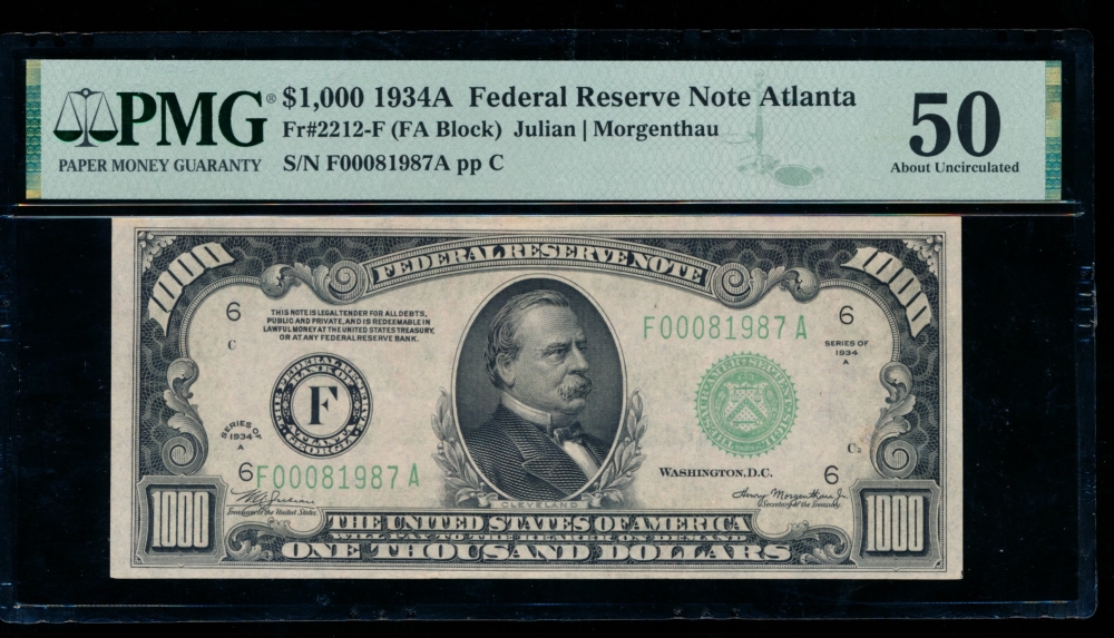 Fr. 2212-F 1934A $1,000  Federal Reserve Note Atlanta PMG 50 comment F00081987A