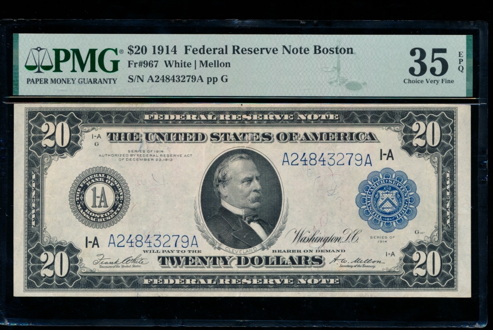 Fr. 967 1914 $20  Federal Reserve Note Boston PMG 35EPQ A24843279A
