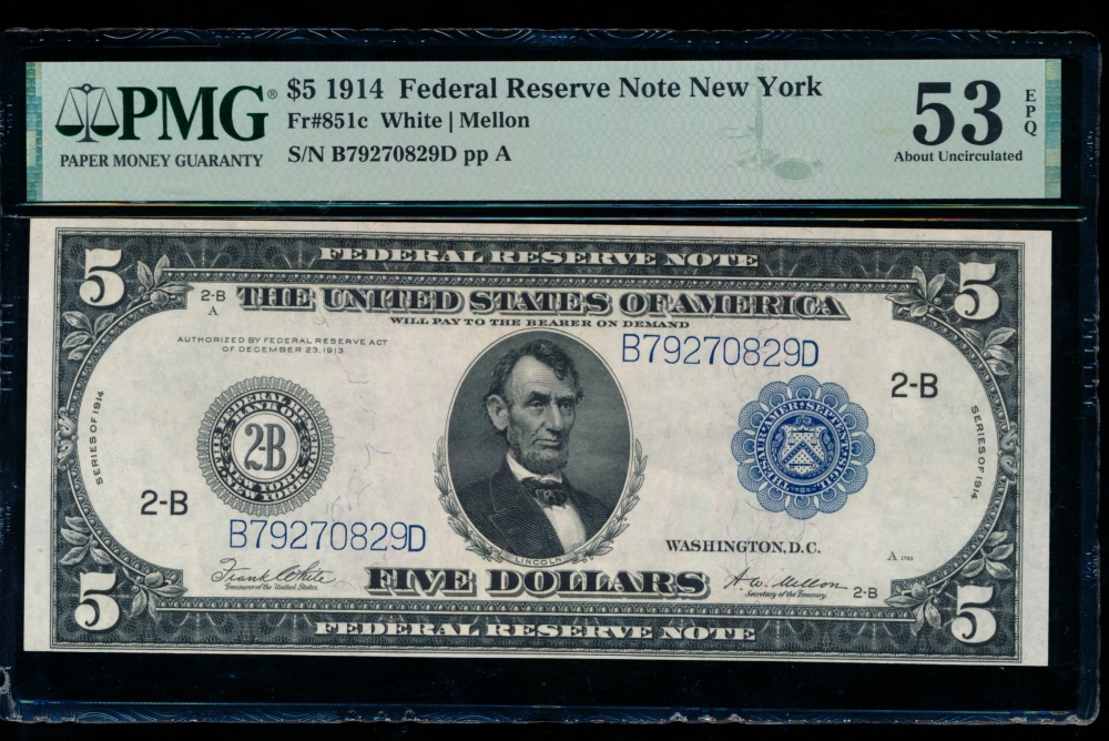 Fr. 851a 1914 $5  Federal Reserve Note New York PMG 53EPQ B79270829D