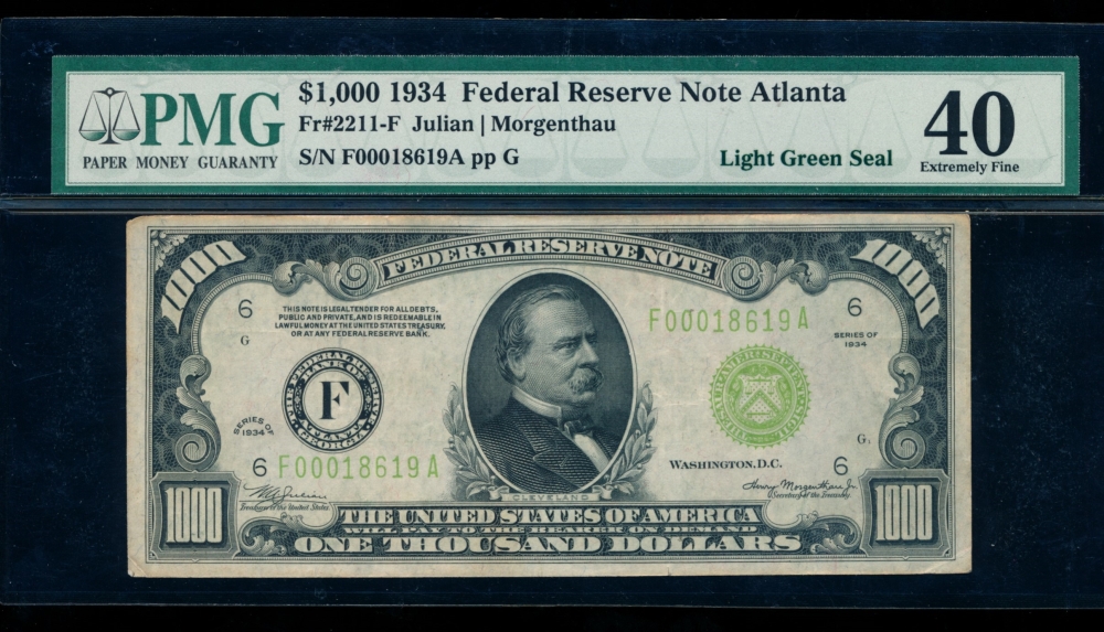 Fr. 2211-F 1934 $1,000  Federal Reserve Note Atlanta LGS PMG 40 F00018619A