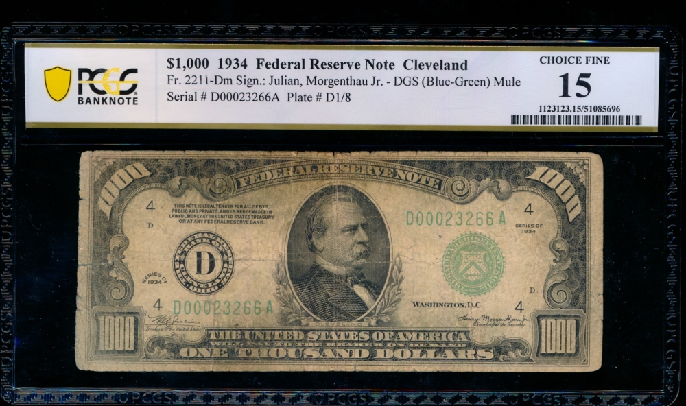 Fr. 2211-D 1934 $1,000  Federal Reserve Note Cleveland PCGS 15 comment D00023266A