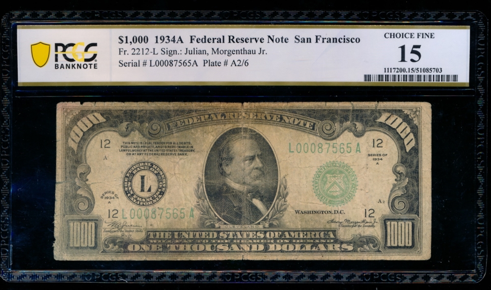 Fr. 2212-L 1934A $1,000  Federal Reserve Note San Francisco PCGS 15 comment L00087565A