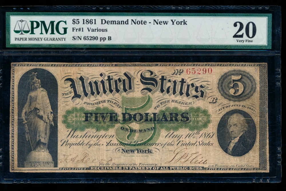 Fr. 1 1861 $5  Demand Note  PMG 20 comment 65290