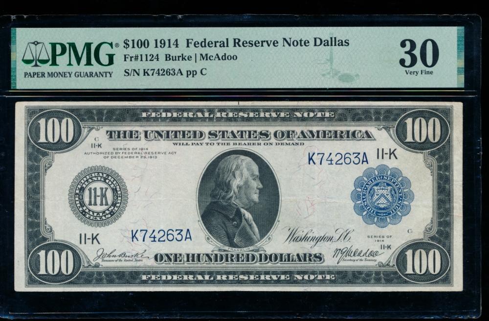 Fr. 1124 1914 $100  Federal Reserve Note  PMG 30 K74263A