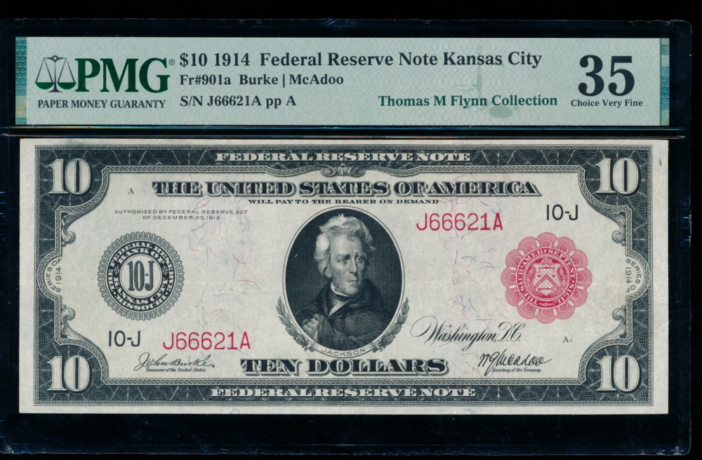 Fr. 901a 1914 $10  Federal Reserve Note Kansas City red seal PMG 35 J66621A