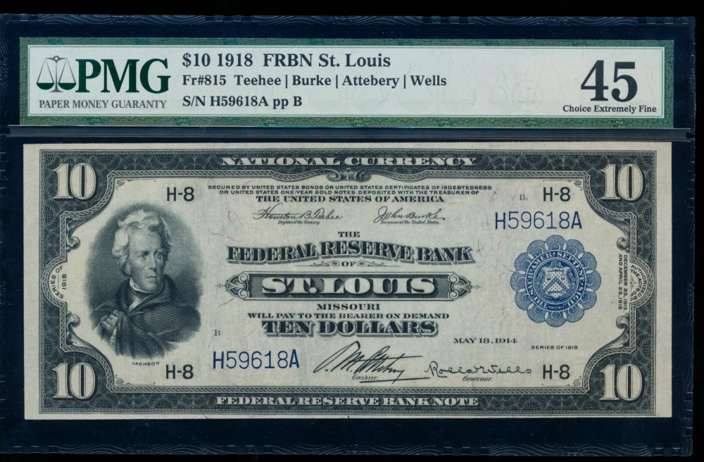 Fr. 815 1918 $10  FRBN Saint Louis PMG 45 H59618A