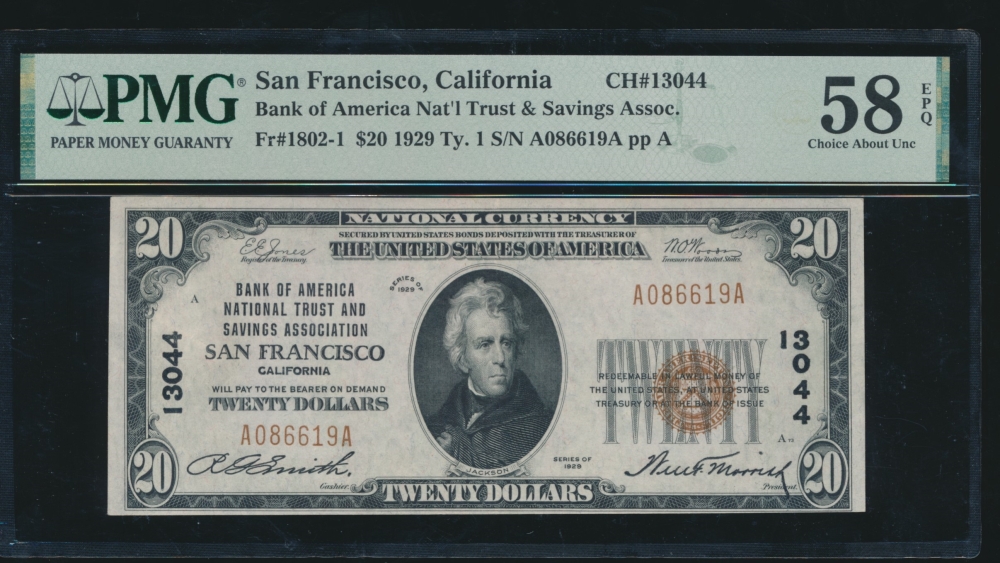 Fr. 1802-1 1929 $20  National: Type I Ch #13044 Bank of America NT&SA San Francisco, CA PMG 58EPQ A086619A