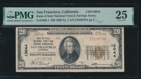 Fr. 1802-1 1929 $20  National: Type I Ch #13044 Bank of Italy NT&SA San Francisco, CA PMG 25 C019878A