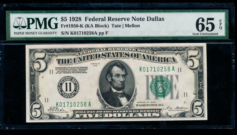 Fr. 1950-K 1928 $5  Federal Reserve Note Dallas PMG 65EPQ K01710258A