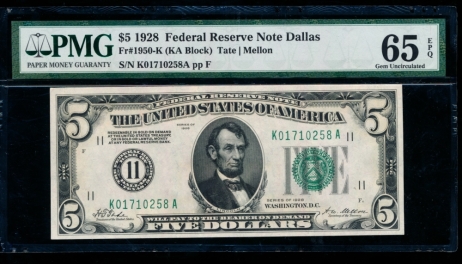 Fr. 1950-K 1928 $5  Federal Reserve Note Dallas PMG 65EPQ K01710258A