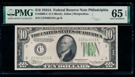 Fr. 2006-C 1934A $10  Federal Reserve Note Philadelphia PMG 65EPQ C37649519A