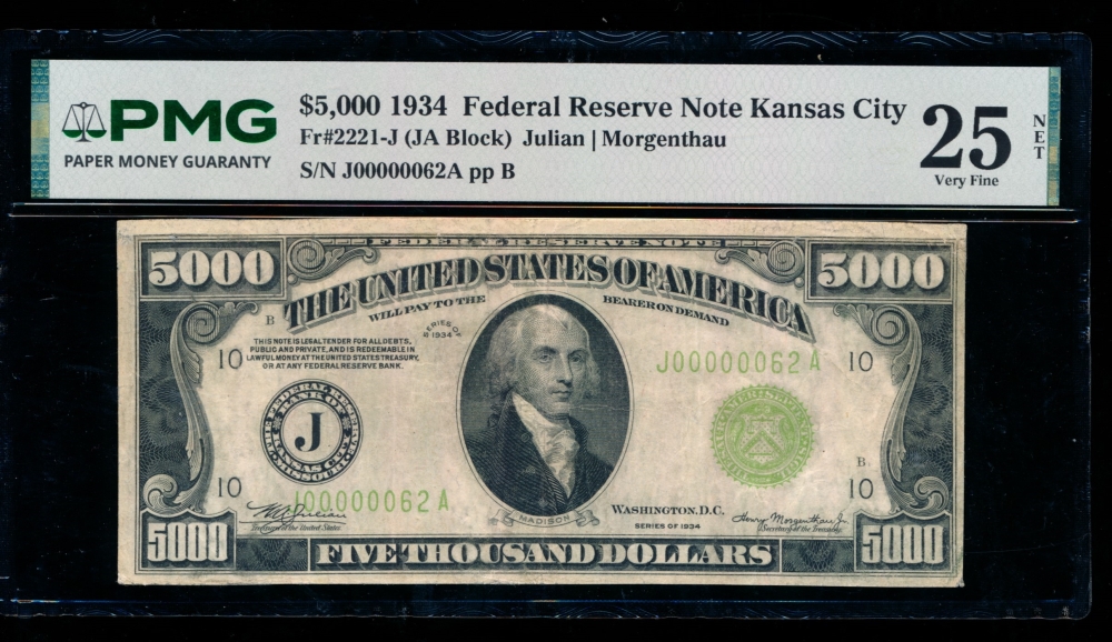 Fr. 2221-J 1934 $5,000  Federal Reserve Note Kansas City PMG 25NET J00000062A