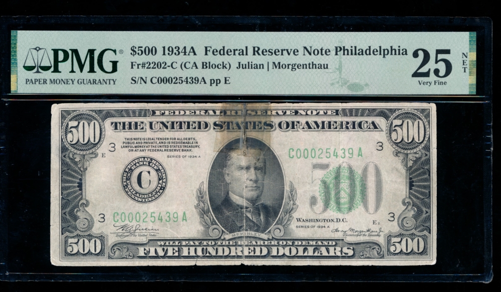 Fr. 2202-C 1934A $500  Federal Reserve Note Philadelphia PMG 25NET C00025439A