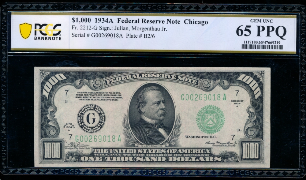 Fr. 2212-G 1934A $1,000  Federal Reserve Note Chicago PCGS 65PPQ G00269018A