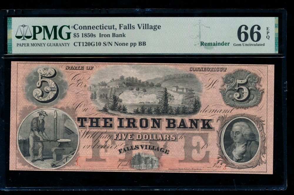 Fr. CT-120 G10 1850s $5  Obsolete The Iron Bank, Falls Village, Connecticut PMG 66EPQ no serial number
