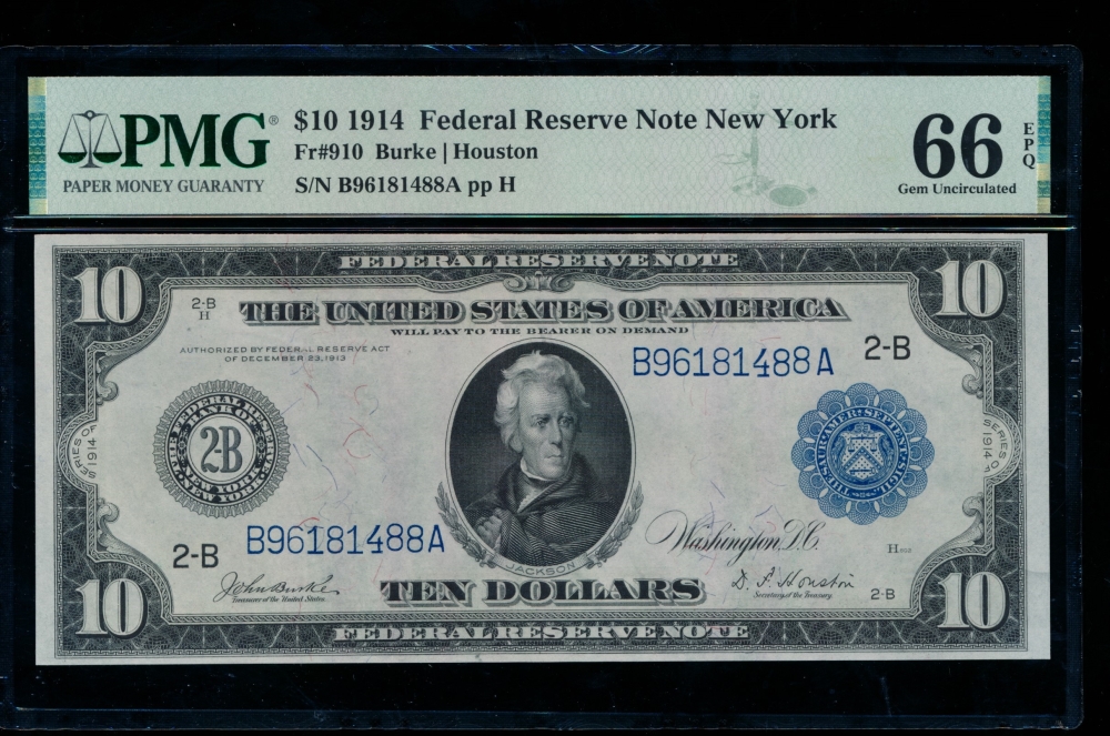 Fr. 910 1914 $10  Federal Reserve Note New York PMG 66EPQ B96181488A