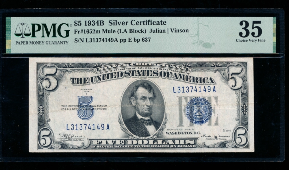 Fr. 1652 1934B $5  Silver Certificate LA block, mule PMG 35 L31374149A