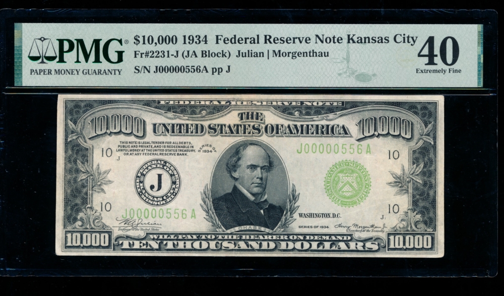 Fr. 2231-J 1934 $10,000  Federal Reserve Note Kansas City PMG 40 comment J00000556A