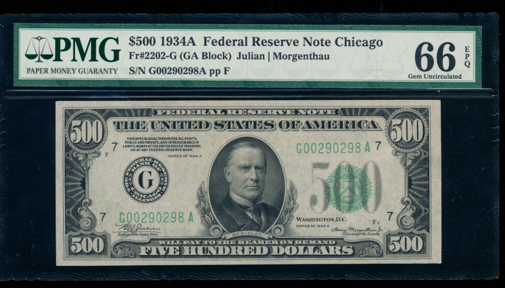 Fr. 2202-G 1934A $500  Federal Reserve Note Chicago PMG 66EPQ G00290298A