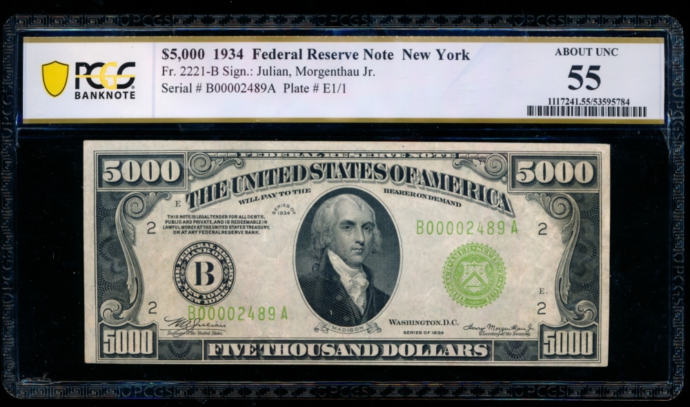 Fr. 2221-B 1934 $5,000  Federal Reserve Note New York PCGS 55 comment B00002489A
