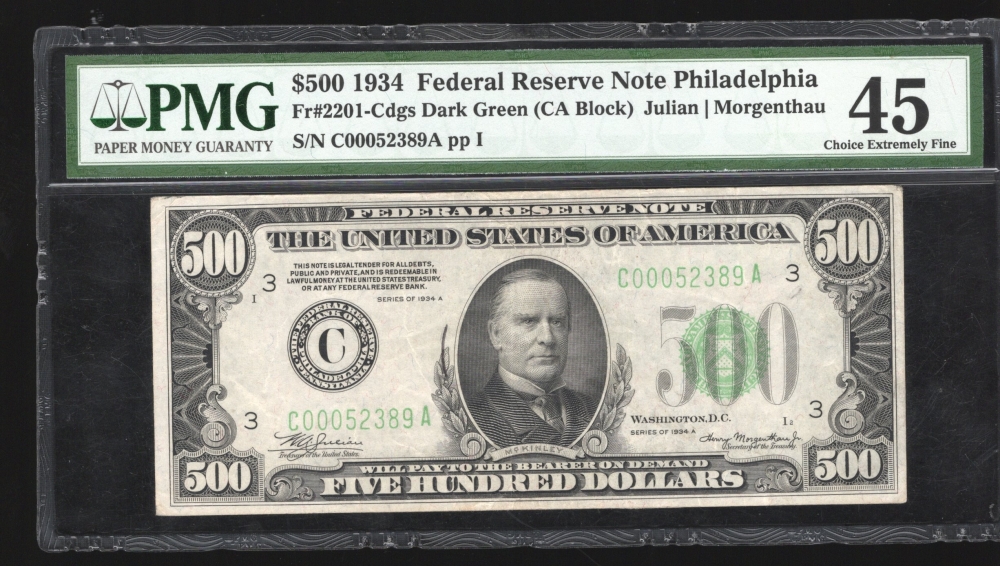 Fr. 2201-C 1934 $500  Federal Reserve Note Philadelphia PMG 45 comment C00052389A