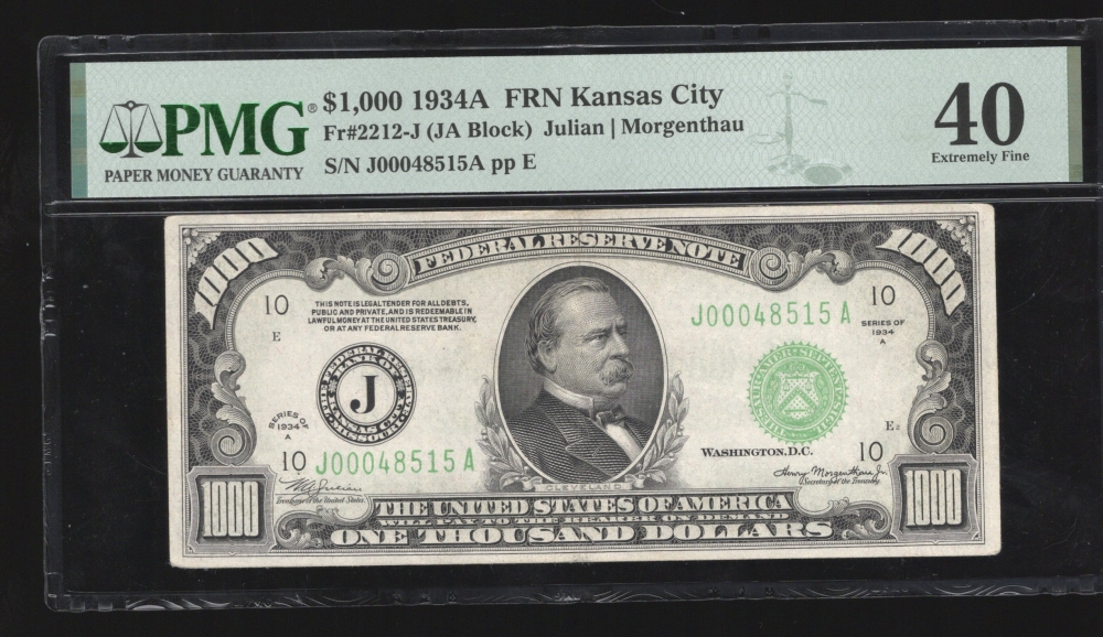 Fr. 2212-J 1934A $1,000  Federal Reserve Note Kansas City PMG 40 comment J00048515A