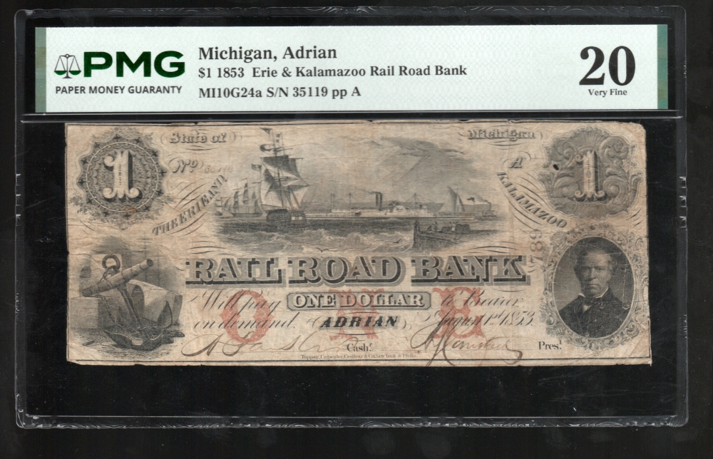 Fr. MI-110 G24 1853 $1  Obsolete The Erie & Kalamazo Rail Road Bank, Adrian, Michigan PMG 20 comment 35119