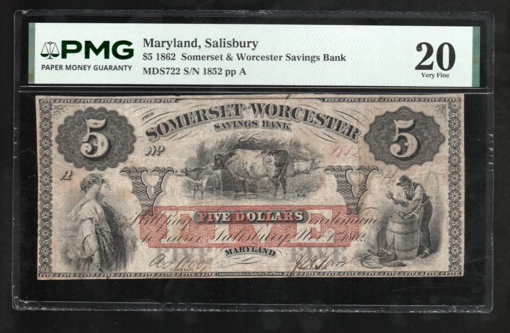 Fr. MDS722 1862 $5  Obsolete Somerset & Worcester Savings Bank, Salisbury, Maryland PMG 20 1852