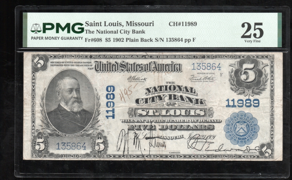 Fr. 608 1902 $5  National: Plain Back Ch #11989 The National City Bank of St. Louis, Missouri PMG 25 comment 135864