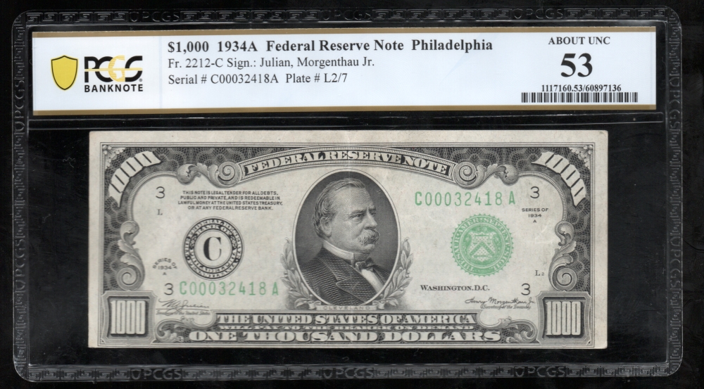 Fr. 2212-C 1934A $1,000  Federal Reserve Note  PCGS 53 comment C00032418A