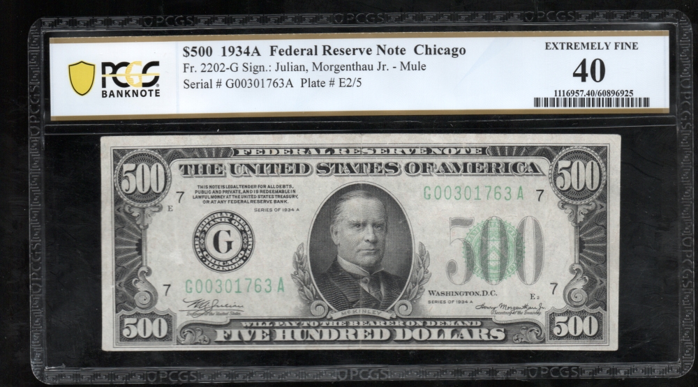 Fr. 2202-G 1934A $500  Federal Reserve Note Chicago PCGS 40 G00301763A
