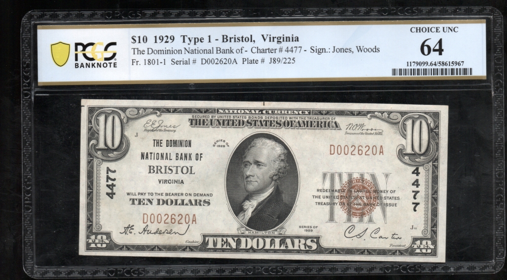 Fr. 1801-1 1929 $10  National: Type I Ch #4477 The Dominion National Bank of Bristol, Virginia PCGS 64 D002620A