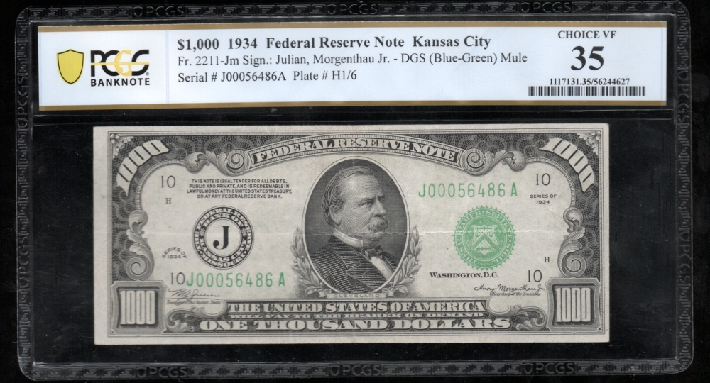 Fr. 2211-J 1934 $1,000  Federal Reserve Note Kansas City PCGS 35 J00056486A