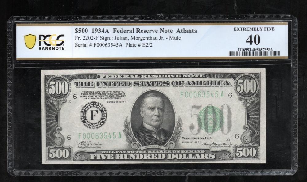 Fr. 2202-F 1934A $500  Federal Reserve Note Atlanta PCGS 40 F00063545A
