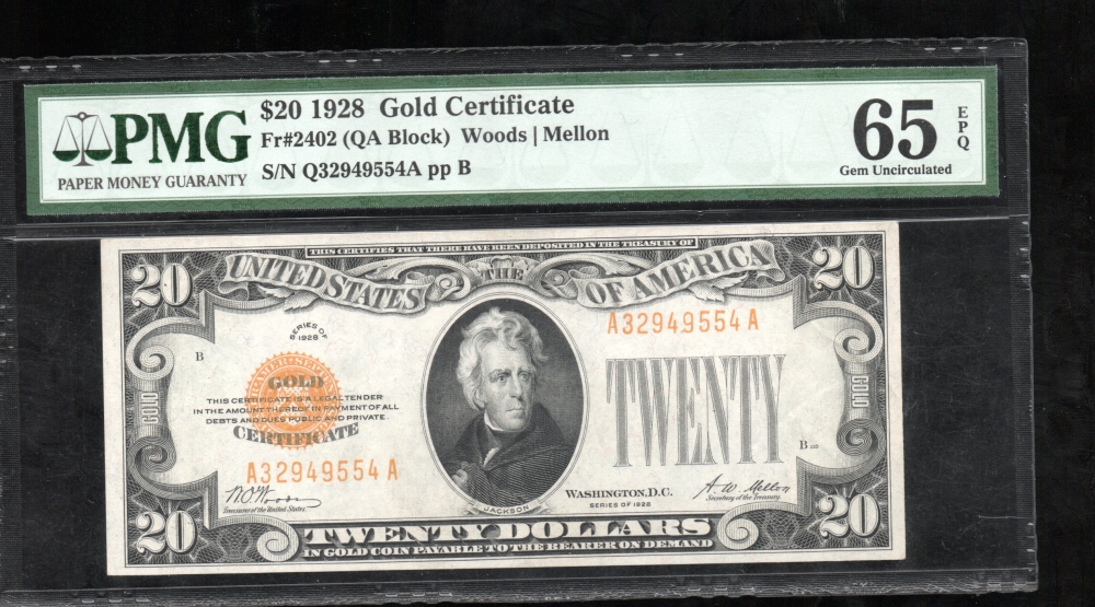 Fr. 2402 1928 $20  Gold Certificate  PMG 65EPQ A32949554A