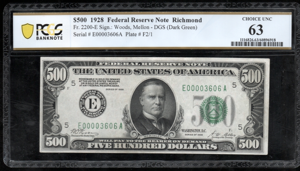 Fr. 2200-E 1928 $500  Federal Reserve Note Richmond PCGS 63 E00003606A