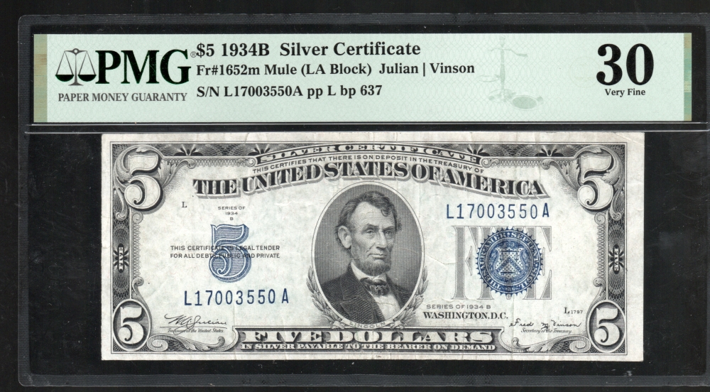 Fr. 1652 1934B $5  Silver Certificate LA block, mule PMG 30 L17003550A
