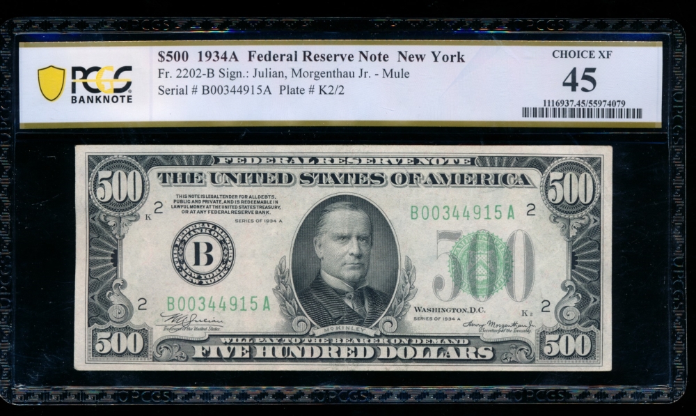 Fr. 2202-B 1934A $500  Federal Reserve Note New York PCGS 45 B00344915A