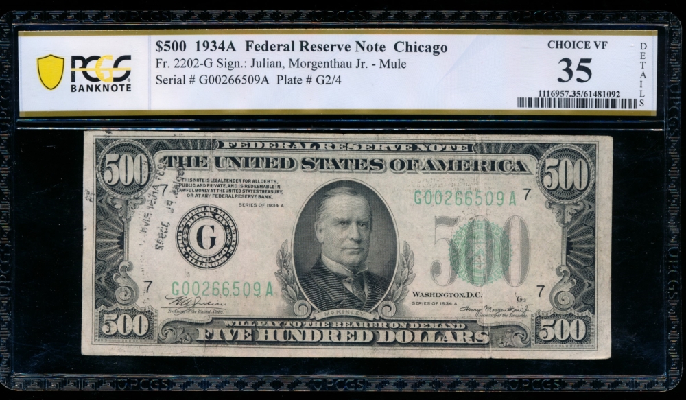 Fr. 2202-G 1934A $500  Federal Reserve Note Chicago PCGS 35 details G00266509A