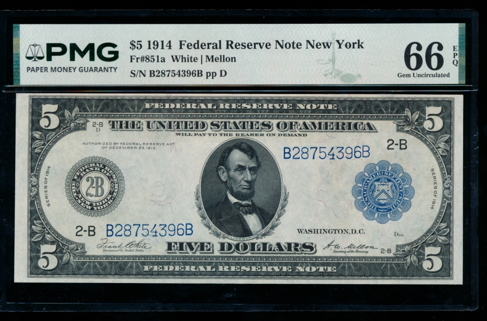 Fr. 851a 1914 $5  Federal Reserve Note New York PMG 66EPQ B28754396B