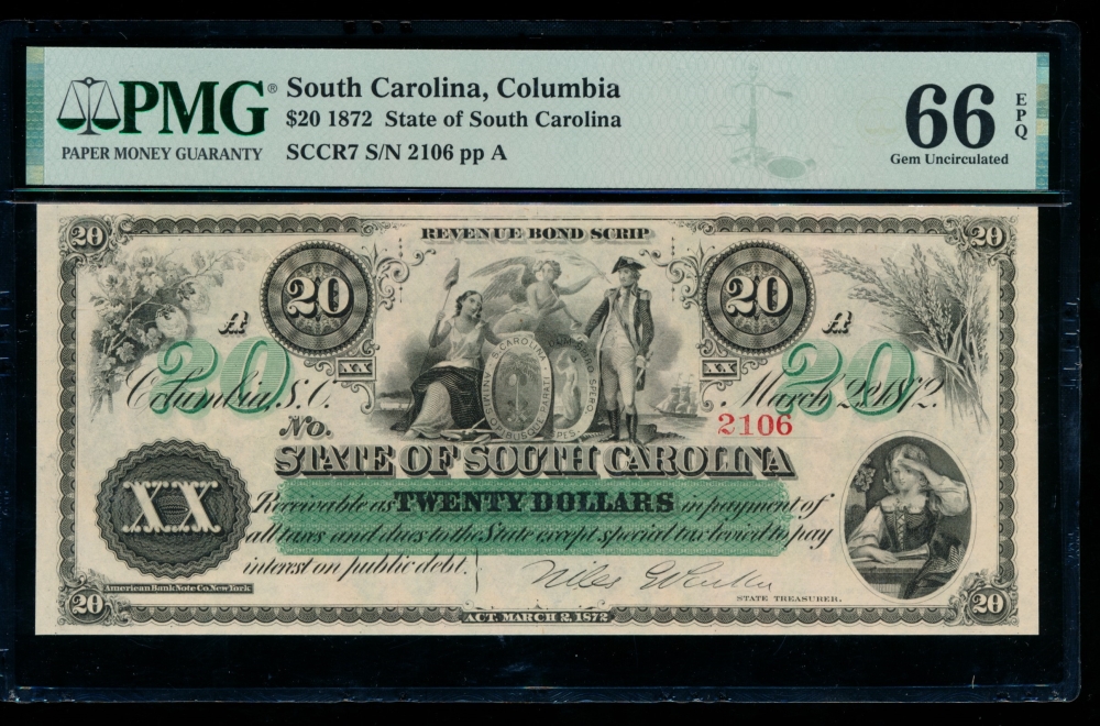 Fr. Cr SC-7 1872 $20  Obsolete State of South Carolina, Columbia, SC PMG 66EPQ 2106