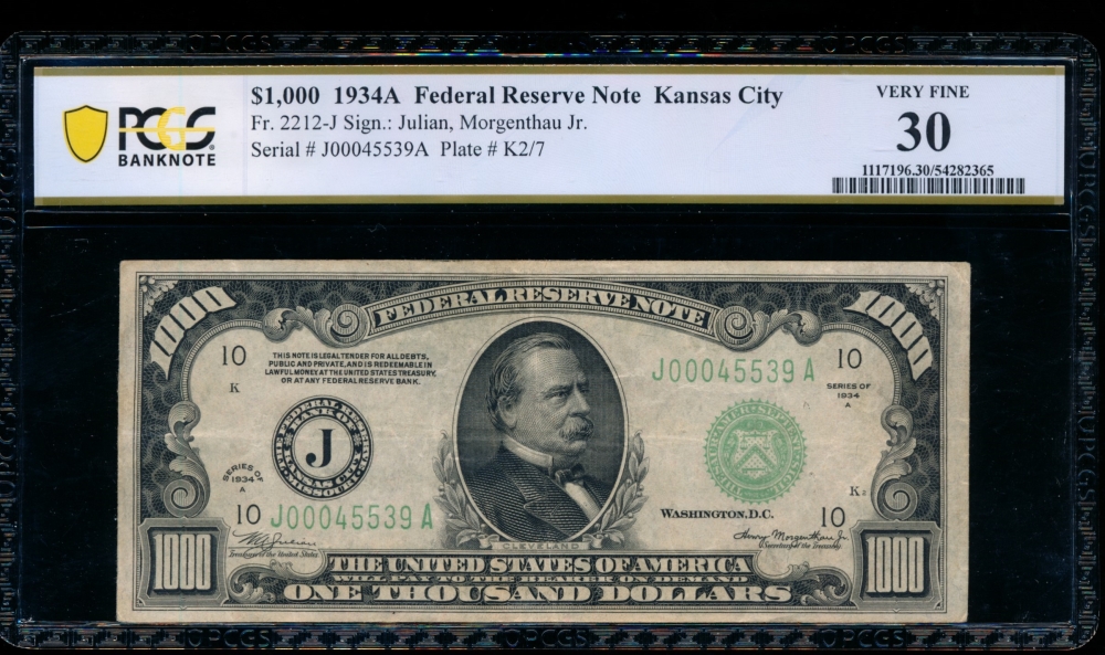 Fr. 2212-J 1934A $1,000  Federal Reserve Note Kansas City PCGS 30 J00045539A