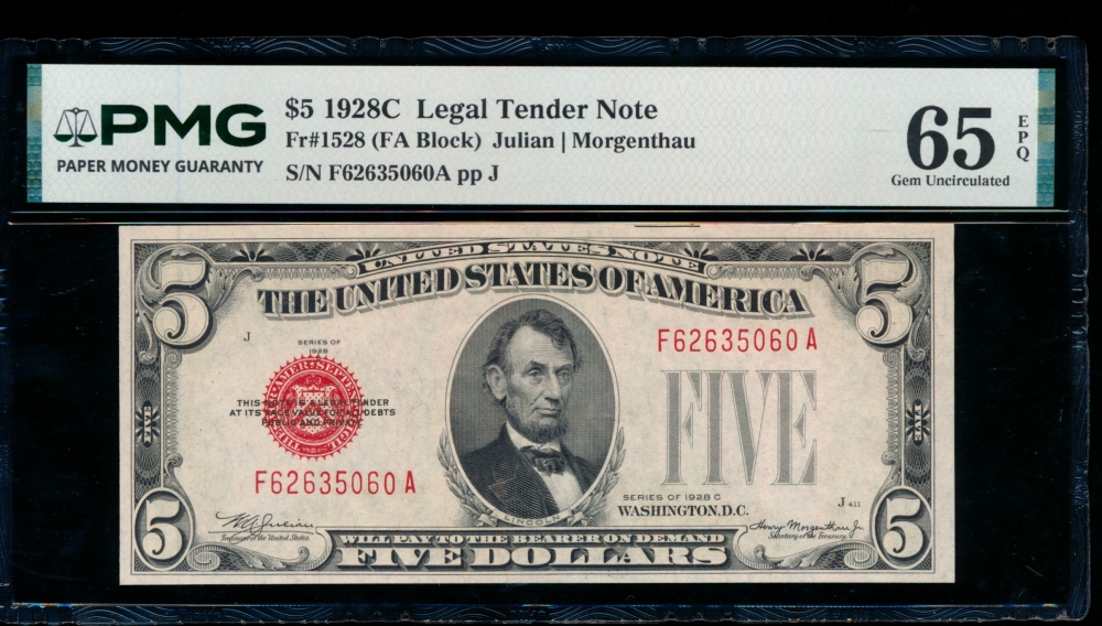 Fr. 1528 1928C $5  Legal Tender FA block PMG 65EPQ F6235060A