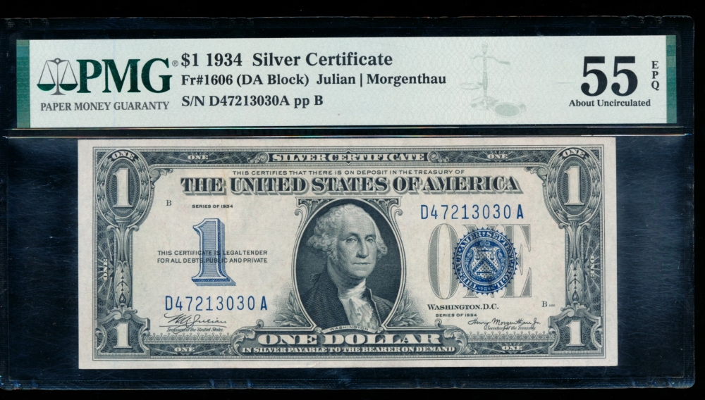 Fr. 1606 1934 $1  Silver Certificate DA block PMG 55EPQ D47213030A